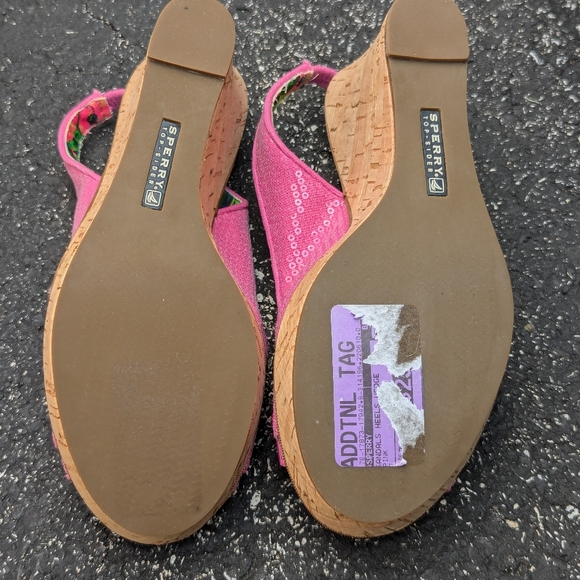 Sperry Topsider 7m Cork Wedge Pink Sequin High Heel - Picture 4 of 9